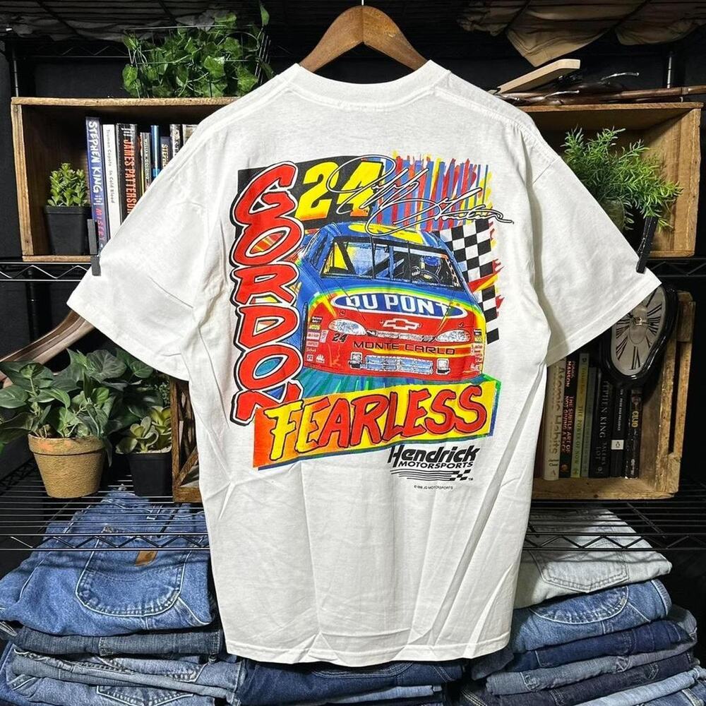 Vintage 90s Jeff Gordon Fearless NASCAR Tee White Monte Carlo Racing Shirt XL